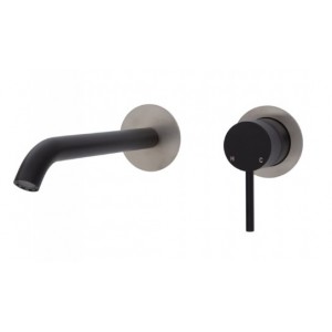 Kaya Wall Basin/Bath Mixer Set, Matte Black, Brushed Nickel Round Plates, 200mm Outlet